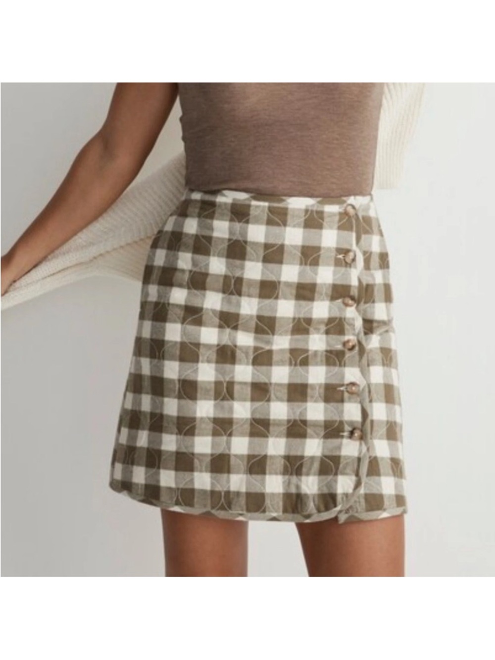 Madewell NWT Quilted Flannel Green Tan Gingham Checked Button-Front Min Skirt